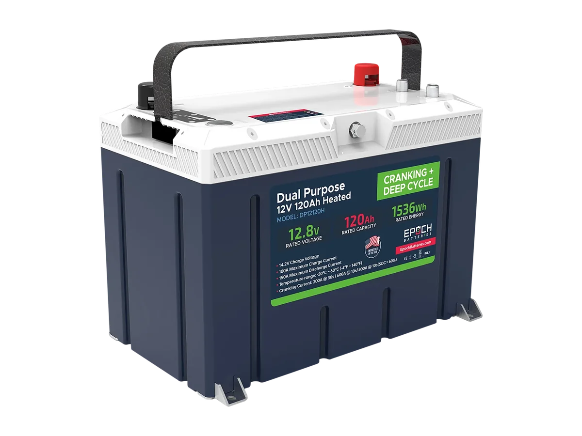 Epoch 12V 120Ah 1.54kWh Pro Cranking & Deep Cycle LiFePO4 Battery, Group 27 Heated and Bluetooth Lithium Battery