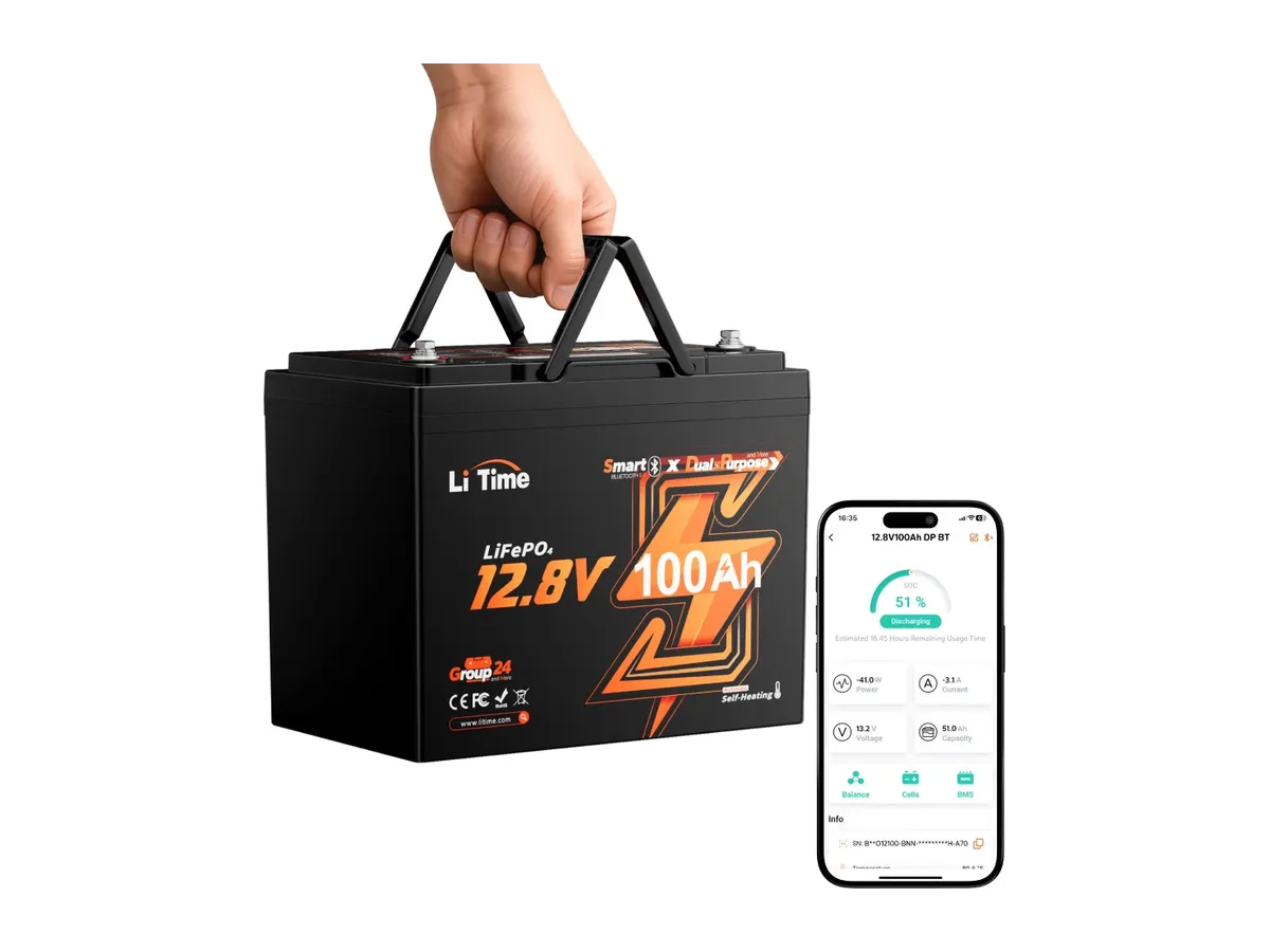 LiTime 12V 100Ah 900 CCA Group 24 Dual Purpose Marine Lithium Battery | Bluetooth & Auto Heating