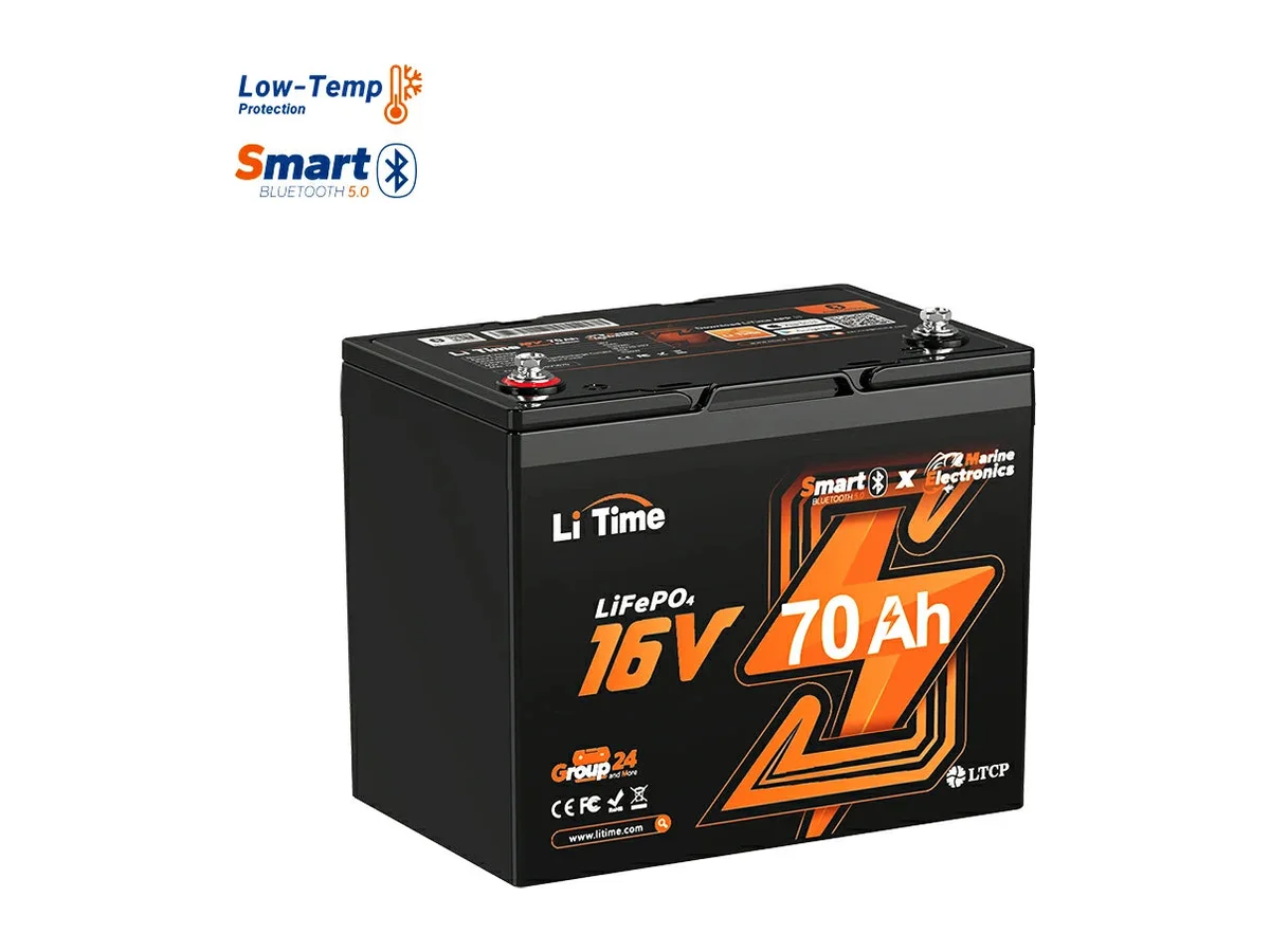 LiTime 16V 70Ah Deep Cycle Bluetooth LiFePO4 Lithium Battery For Fish Finder, Fishing Electronics