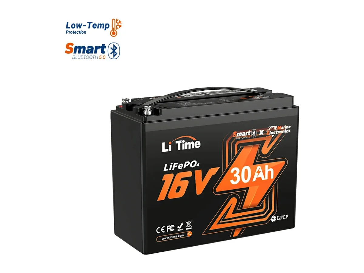 LiTime 16V 30Ah Deep Cycle Bluetooth Lithium Kayak Fish Finder Battery, Fishing Electronics