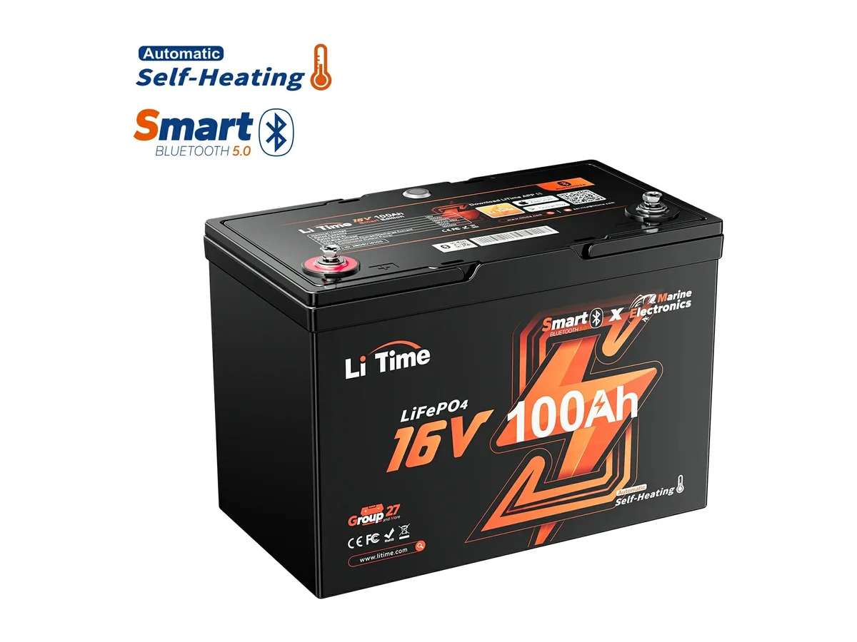 LiTime 16V 100Ah Lithium Battery for LiveScope & Fish Finder Systems with Bluetooth and Self-Heating