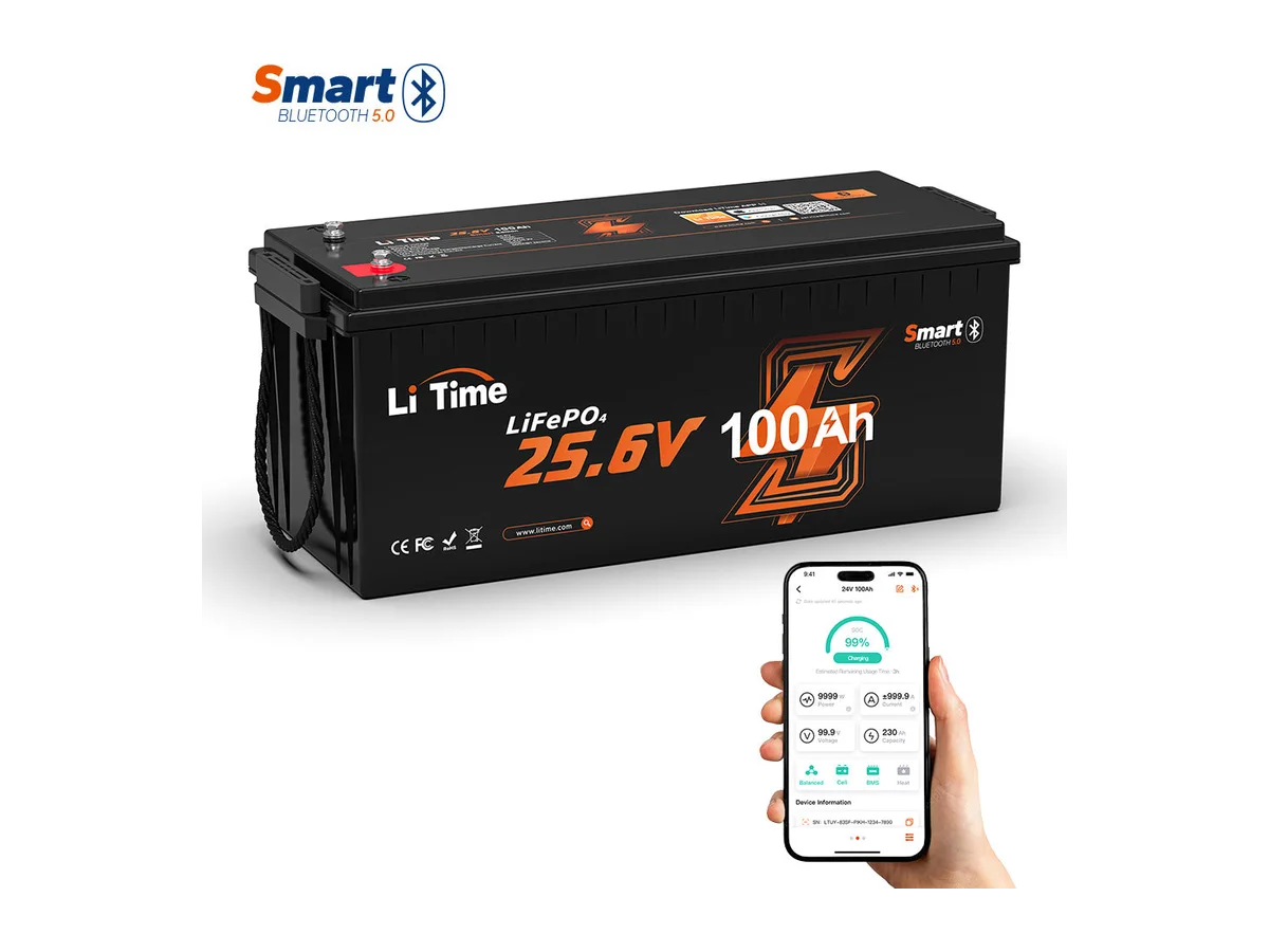 LiTime 24V 100Ah Bluetooth Lithium Battery with Low-Temp Cut-Off Protection, for Trolling Motors, RVs, Marine, Off-Grid and Truck