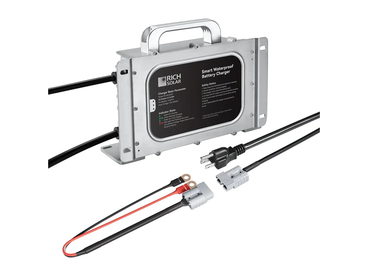 48V (57.6V) Waterproof LiFePO4 Charger | 20A / 25A, 100-240V AC, 8-in-1 Protection, Fan-Cooled