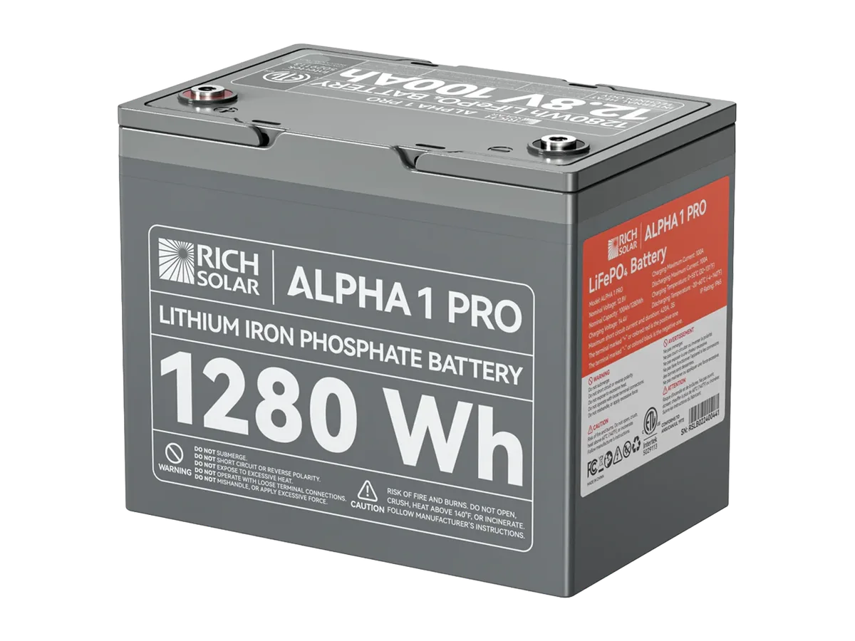 Rich Solar Alpha 1 Pro 12V 100Ah 1.28kWh LiFePO4 Battery, Mobile Lithium Battery for RVs and Off-Grid Homes, UL 1973