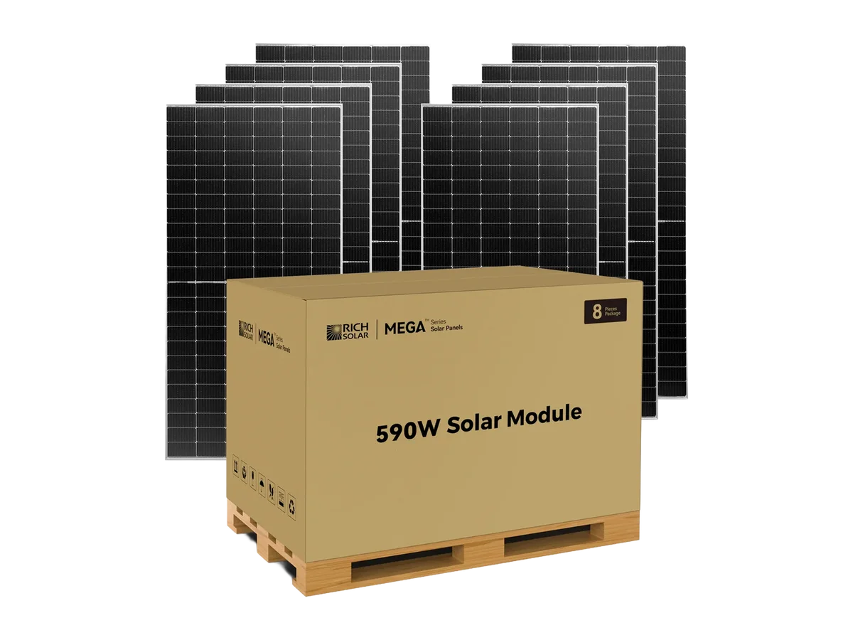 Rich Solar MEGA 590W Bifacial Monocrystalline Solar Panels, Pallet of 8 Panels, 4.7kW of Solar Power for Residential, Commercial, or Off-Grid Power