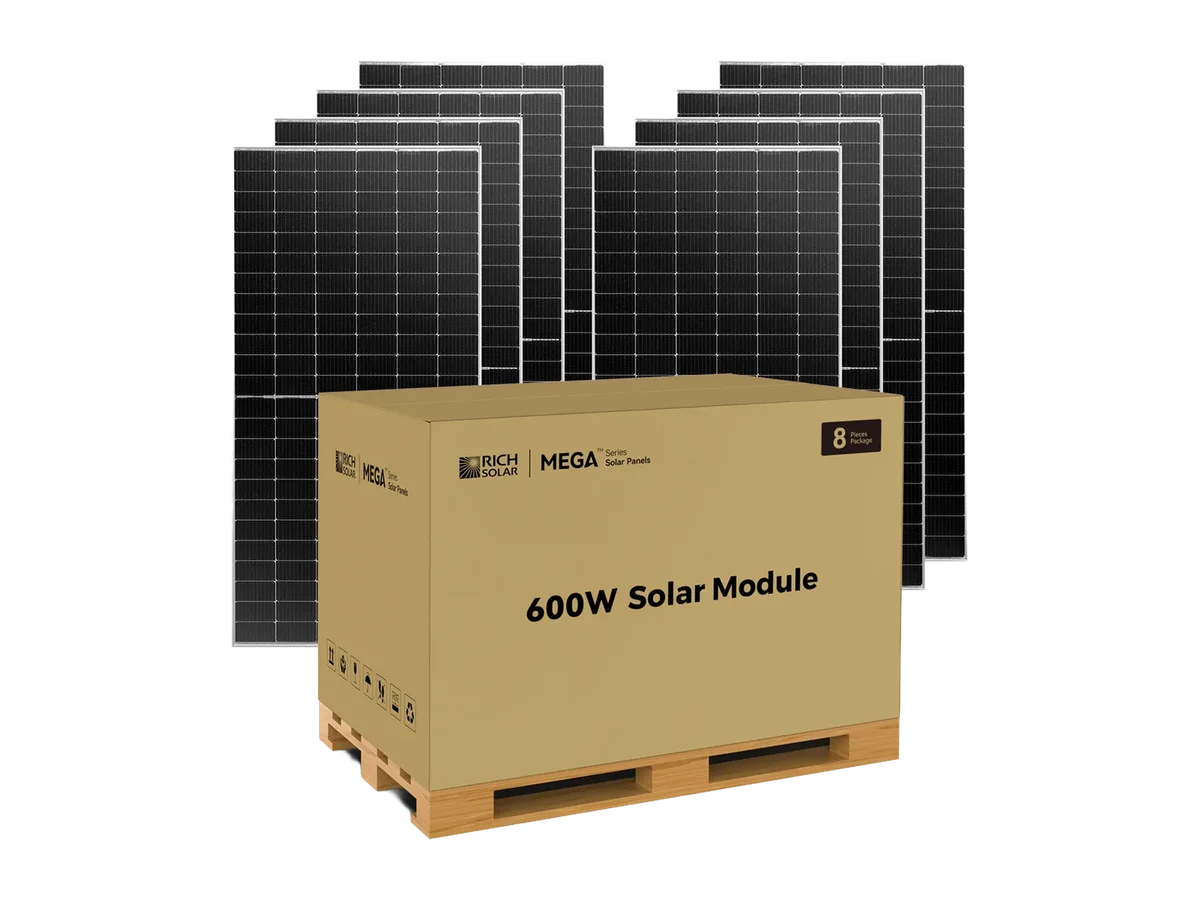 Rich Solar MEGA 600W Bifacial Monocrystalline Solar Panels, Pallet of 8 Panels, 4.8kW of Solar Power for Residential, Commercial, or Off-Grid Power