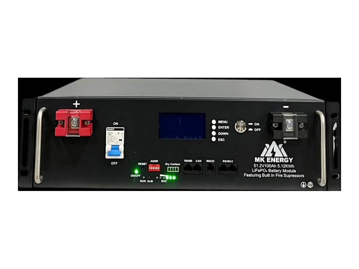 Special !MKE-V2Rack Battery LiFePO4 Heated – 5.1kWh 100ah, 51.2V Built In Fire Supressors, LCD Selectable Multi BMS Protocols (CAN, RS485, Rs232, Growatt, Mpp, Sol-Ark, Voltronic, Luxpower and many more), Now with E-Shutdown Feature