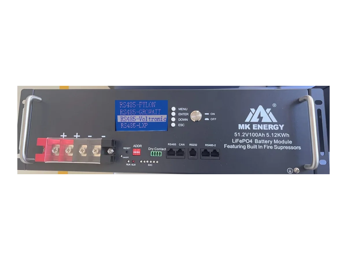 MKE Rack Battery LiFePO4 – 5.1kWh 100ah, 51.2V 120A Charge/Discharge BMS, LCD Selectable Multi BMS Protocols (CAN, RS485, Rs232, Growatt, Mpp, Sol-Ark, Voltronic, Luxpower and many more), While stocks last