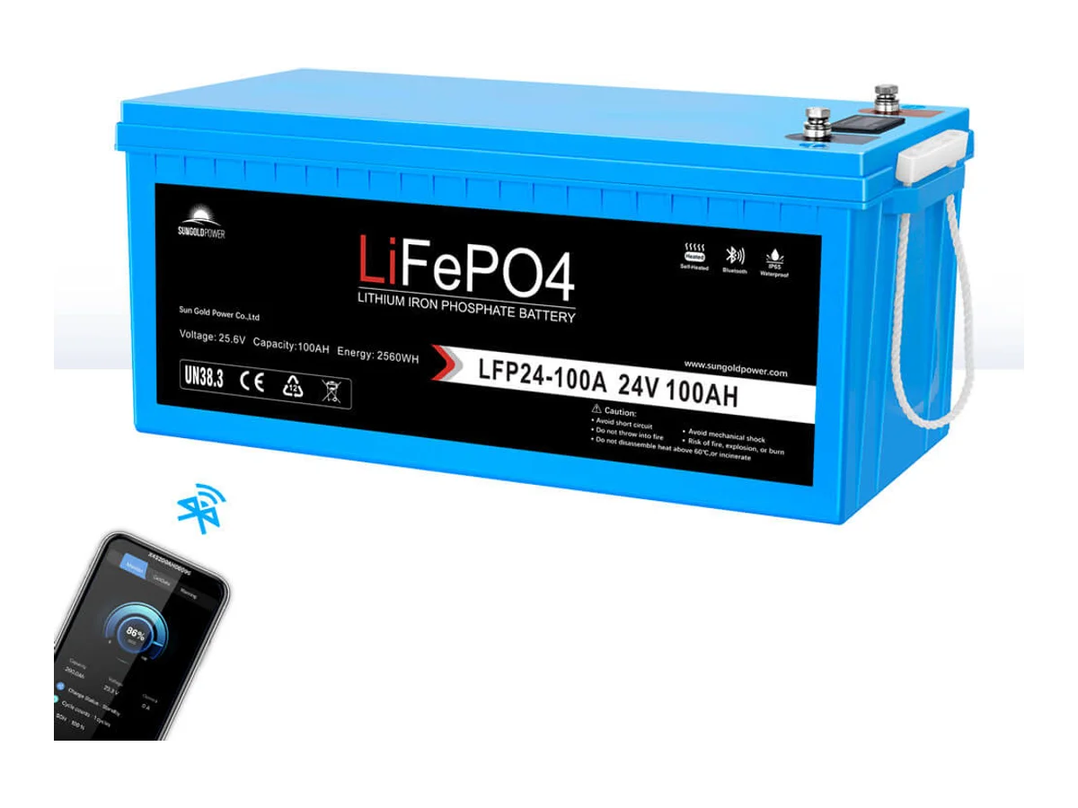 24V 100Ah LiFePo4 Deep Cycle Lithium Battery Bluetooth / Self-Heating / IP65