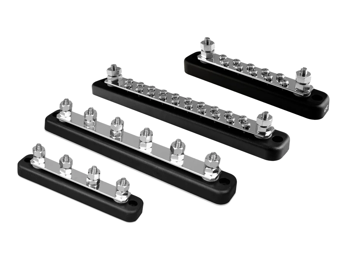 Victron Energy 150A Bus Bar with Cover, Tin-Plated Copper, 4/6/10/20 Terminal Configurations, 70VDC Rated