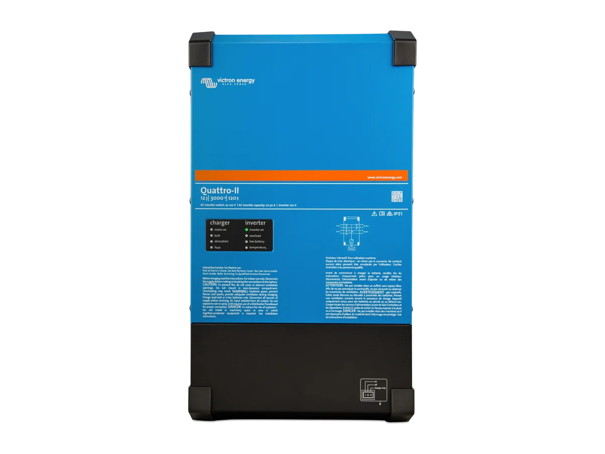 Victron Energy Quattro-II 24V 3kVA 2x120V Inverter 70A Battery Charger, 120/240V Passthrough, Residential and Mobile Inverter